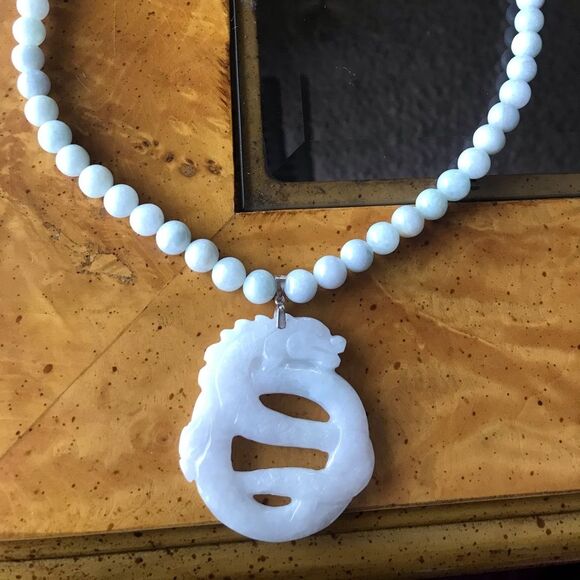 Natural Jade Sterling Silver Dragon Necklace - Picture 1 of 10